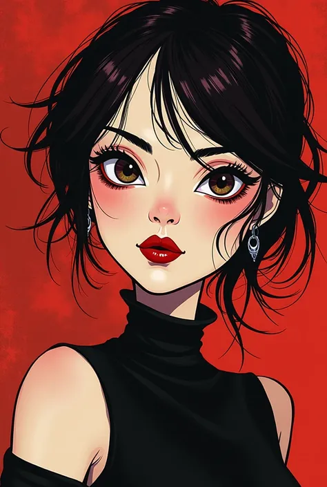 une photo de profil pour ma marque d’ongle comprenant une jeune femme féminine yeux noisette teint pale et aux cheveux bordeaux et noirs et tenant une cerise dans les tons rouge bordeaux et noir dans un style dessin inspiré de tim burton