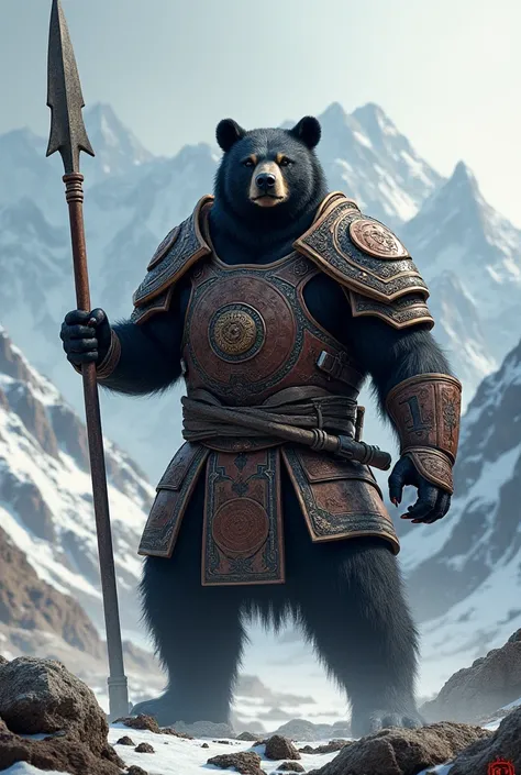 | North Korea  | A black bear warrior wearing traditional armor, holding a spear, in a mountainous background.                             |
