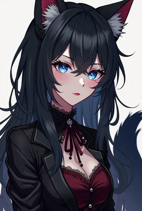  anime-style, Woman with black hair and too long but tidy,  wolf ears and wolf tail , blue eyes with anisochondria ,  pale skin with pink undertones , He has sharp fangs he wears gothic clothing in black and dark red