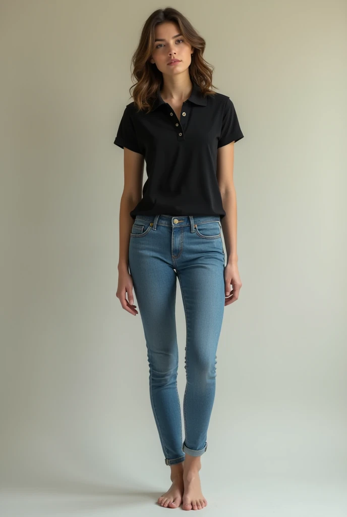 Beautiful barefoot girl with jeans and black polo 