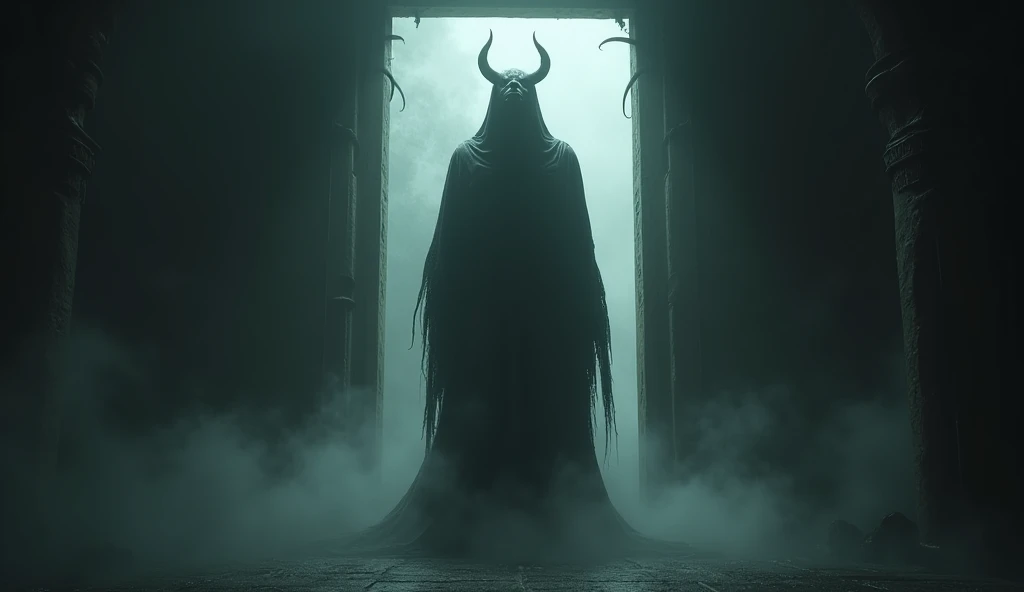 demon standing in the doorway, a dark, scary atmosphere