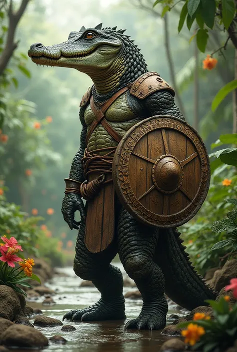 | Philippines          |  A saltwater crocodile warrior wearing light armor, carrying a wooden shield, near a tropical river.           |

