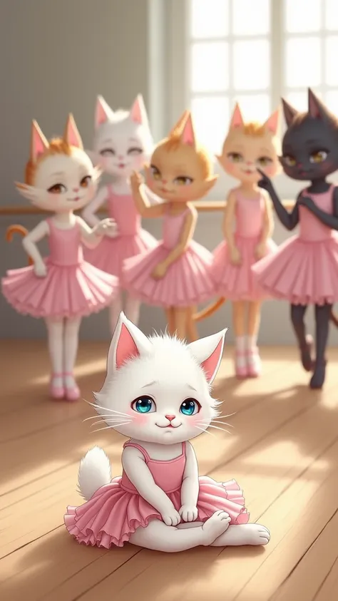 The small humanoid cat girl with soft white fur sits on the wooden ballet studio floor, her pink ballet dress wrinkled around her. Her blue eyes shimmer with unshed tears as she clutches her scraped knee. Her fluffy tail curls around her for comfort, but s...