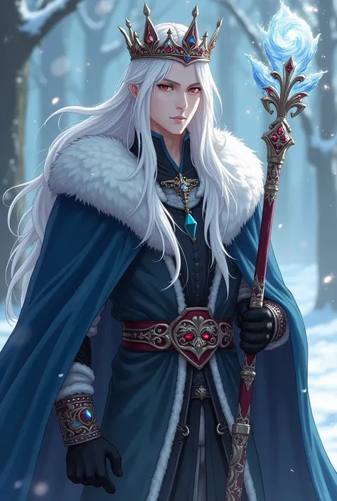 Create the image of a handsome and very beautiful king with his beautiful long white hair, his sharp red eyes, his pale white skin, his muscular and toned body, his attractive and strong body, his long stature, his luxurious royal clothes suitable for the ...