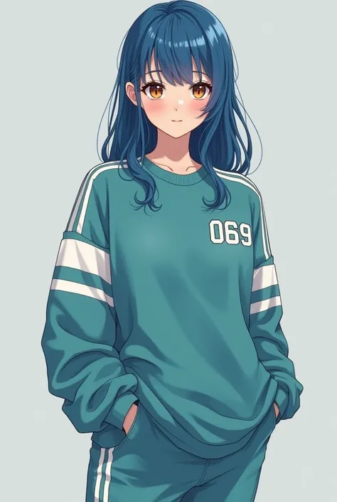 A korean girl, blue hair, caramel eyes, pale skin, big breasts, perfect body, long sweatshirt with white horizontal stripes on the shoulders and with the number 069 on left shoulder, teal pants with white horizonral stripes on sides