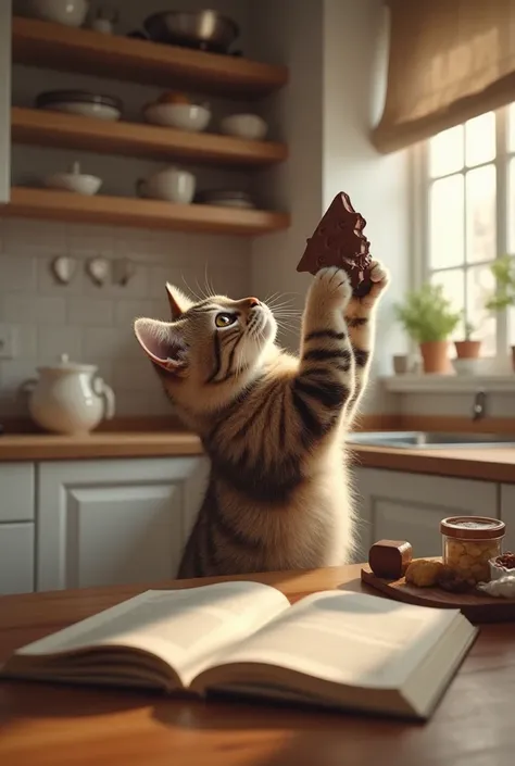 A highly realistic, photo-style image of a cat in a modern kitchen, standing on its hind legs. The cat skillfully uses its front paws to take chocolate, a heart-shaped mold, and a mixing bowl from a kitchen shelf. It has an intense and focused expression w...