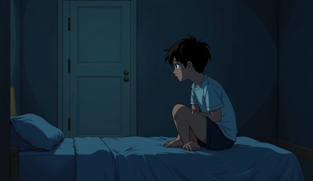 The protagonist, now older, sitting on their bed, looking at a locked bedroom door with a worried expression.
Prompt: "A young adult sitting on a bed at night, staring at a locked bedroom door with a worried expression, moody lighting."