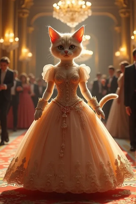 Make me a cat with antromorphic manners and cat paws dressed up in a beautiful ball gown and parading in the castle of reception of the party ultra realistic full hd good quality