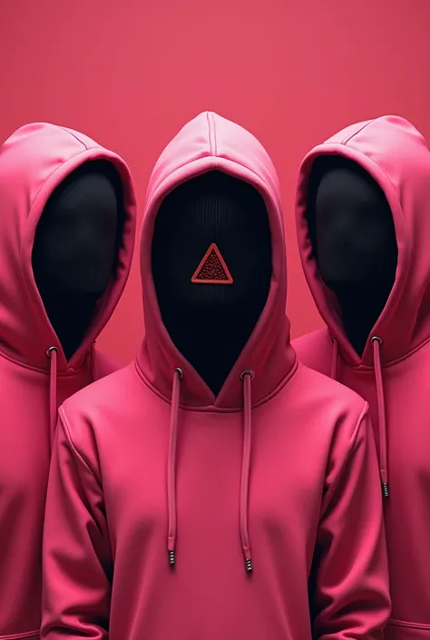 three people in pink hoodies with black masks and a triangle, a portrait by Adam Marczyński, tumblr, sots art, red hoods, red mesh in the facede, no faces, portrait of a pink gang, hooded figures, valve promotional splash art, fvckrender, masked, squid gam...