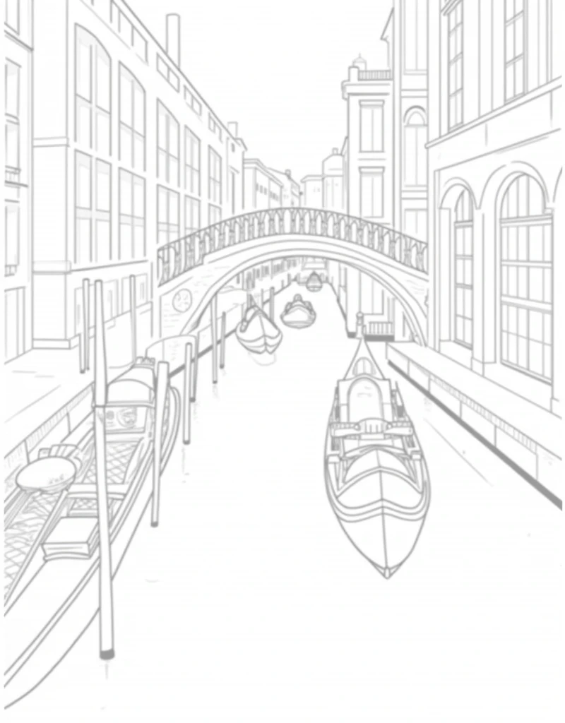 Make A narrow Venetian canal with small gondolas floating between historic stone buildings, with an arched bridge connecting both sides, everything done like line art. coloring page