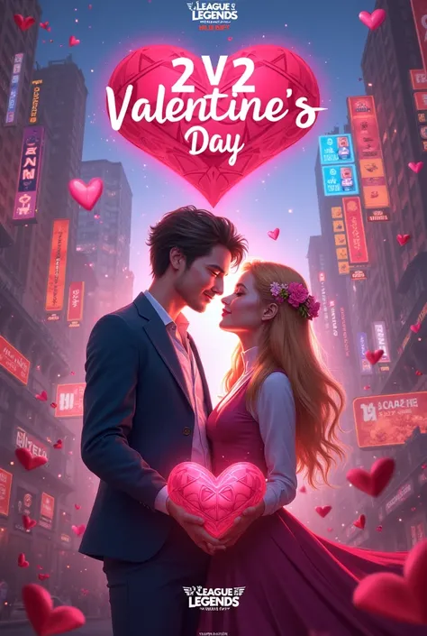 Create a flyer for a 2v2 Valentine's Day event for February 14th themed to League of Legends Wild Rift