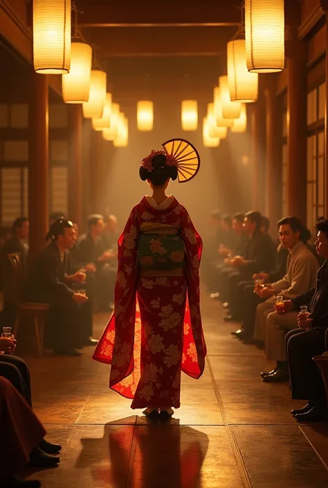  The spacious hall is illuminated by the soft light of paper lanterns .  A geisha in a luxurious gold-patterned kimono performs a graceful dance with a fan.  Noble gentlemen watch her , While drinking sake ,  and musicians play shamisen in the background .