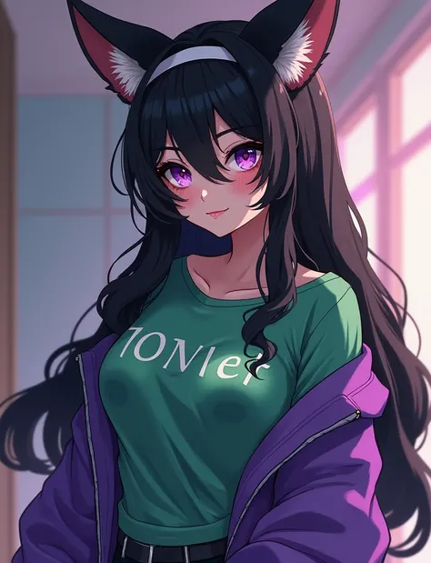  a girl,  high resolution sweatshirt,  long hair,  black hair,  looking at the spectator,  big breasts,  masterpiece, The best quality , large breasts,  fox ears ,  smile,  violet eyes , language, language fuera,  feet from the bottom,  Headband , 8k octan...