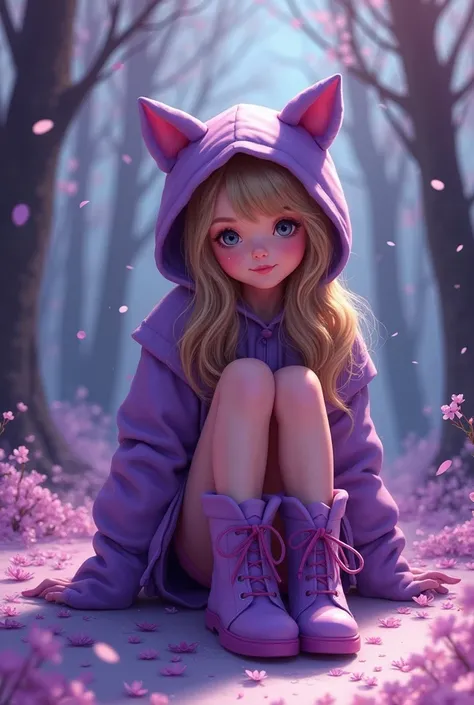 a painting of a girl with purple boots sitting on the ground, a digital painting inspired by Jeremiah Ketner, trending on cg society, fantasy art, cute digital art, cute detailed digital art, adorable digital painting, cute art style, dressed in purple, cu...