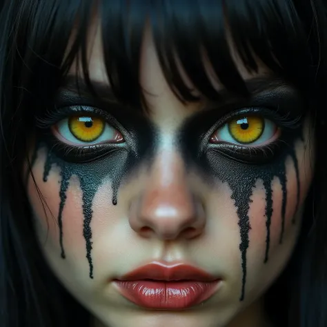 close up on a pair of stunning yellow eyes with a layer of black paint and a layer of surreal, gothic silver paint around the eyes to mimic tears streaming down peach skinned cheeks to the chin. dark forelock Portrait Close-up Sharp focus Dramatic lighting...