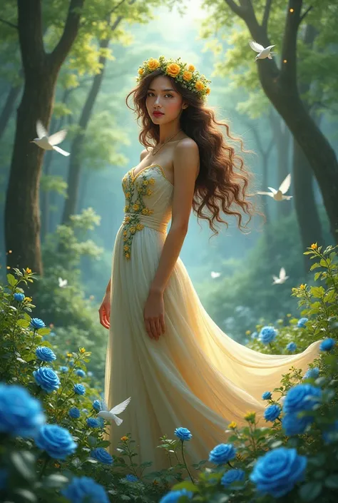 Woman dressed in yellow flowery brown hair in the woods with blue roses green trees birds dancing around 