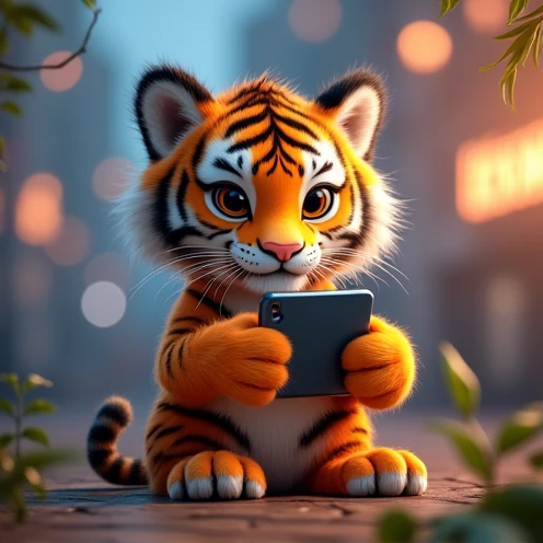 Make an image of a super cute tiger holding a cell phone written ceasapg in the background of the image  