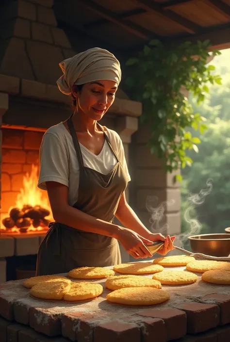 Woman baking arepas in a brick oven
