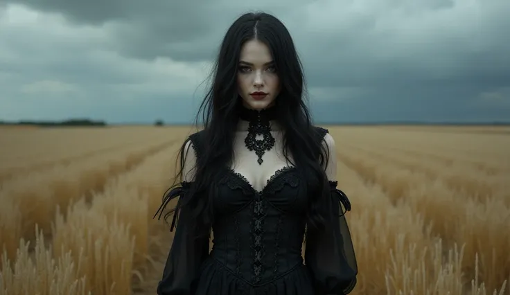 A full-body portrait of a 22-year-old European woman with porcelain-white skin and long jet-black hair. She has dark, captivating eyes, a gothic choker with intricate details adorning her neck, and a mysterious, subtle smile. She is wearing a gothic dress ...