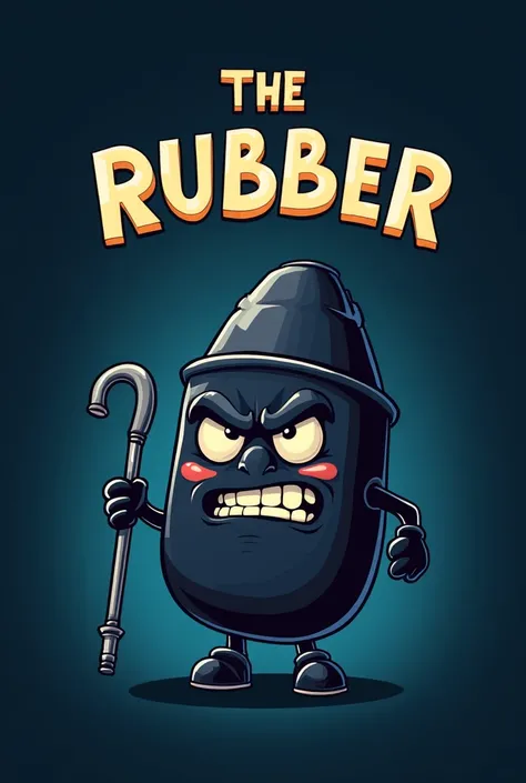  Create a logo for the group  " THE RUBBER "  featuring a small anthropomorphic black eraser holding a cane with an irritated face, your "eyes"  narrowed and  " eyebrows " ruffled ,  the rubber body is rounded and plump ,  with a subtle sheen for its black...