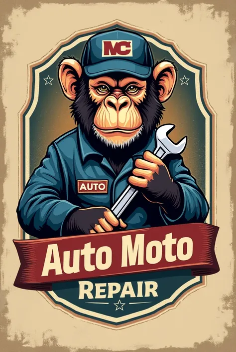 Vintage logo with monkey ,  title MC Auto Moto Repair