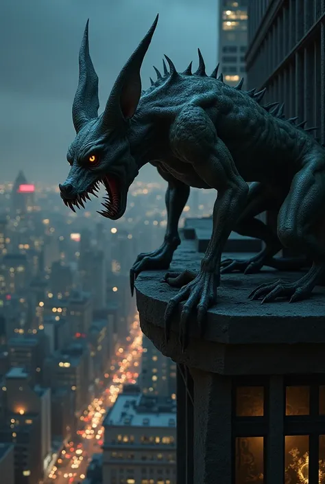 A gargoyle in a very tall building in New York at night