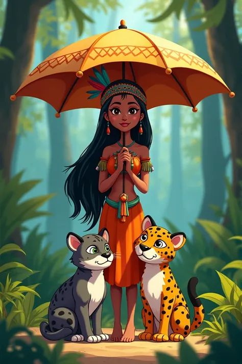  Cartoon of an indigenous woman with a headdress, with umbrella protecting two jaguar cubs and a wolf