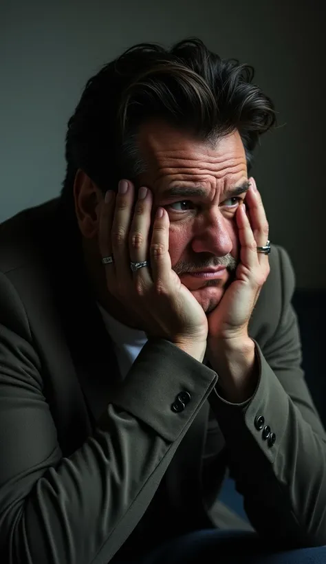 Charlie Sheen in a somber environment, holding his head with a worried expression, representing the impact of public disclosure of HIV