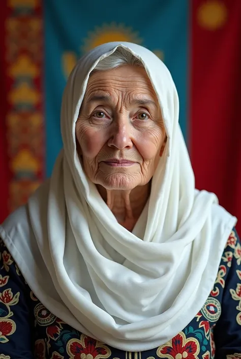 Babaushka in a white scarf in Kazakh national attire Kazakh flag background