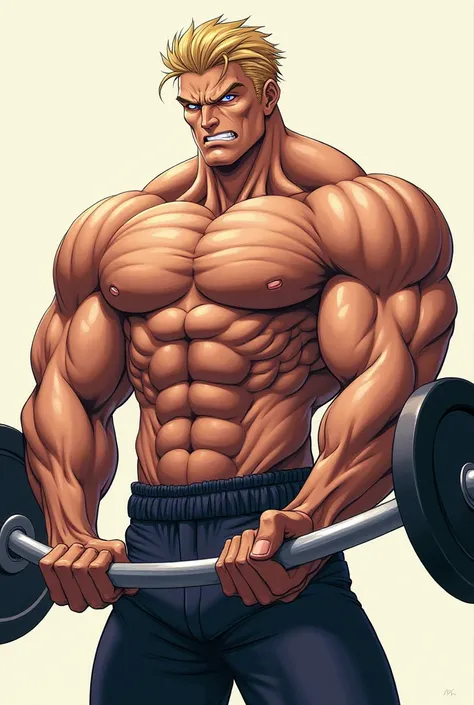 In anime muscular man doing weights