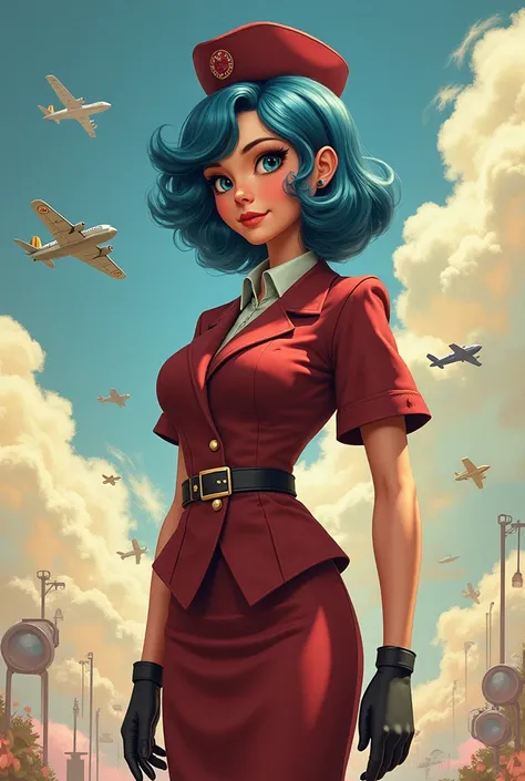 Coraline blue hair dressed as a stewardess wine dress and hat, with vintage planes and vibrant colors