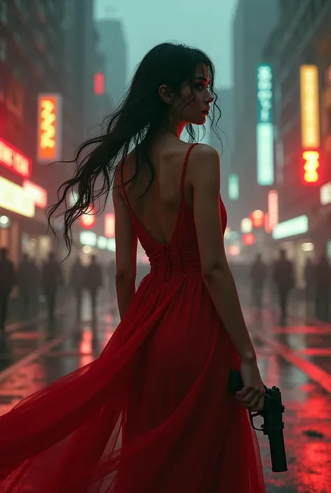  woman in red dress holding gun in town, cyberpunk art by Mike Winkelmann ,  cgsociety contest winner,  digital art , cyberpunk girl, Cyberpunk Photo, cyberpunk beautiful girl,  cyberpunk 2 0 years old . about model girl, has cyberpunk style, cyberpunk art...