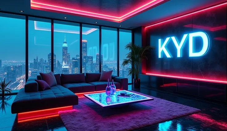 A luxurious,  futuristic living room high up in a skyscraper with a view of a neon-lit cyberpunk megacity.  Huge windows reveal a vibrant skyline ,  in which flying cars glide through the air and gigantic holograms Advertisements light up the streets .  Th...