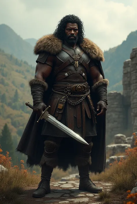 Black man of 1,88 and curly haired , with medieval fur gibbon , with a medieval short sword , with reserve daggers on his chest