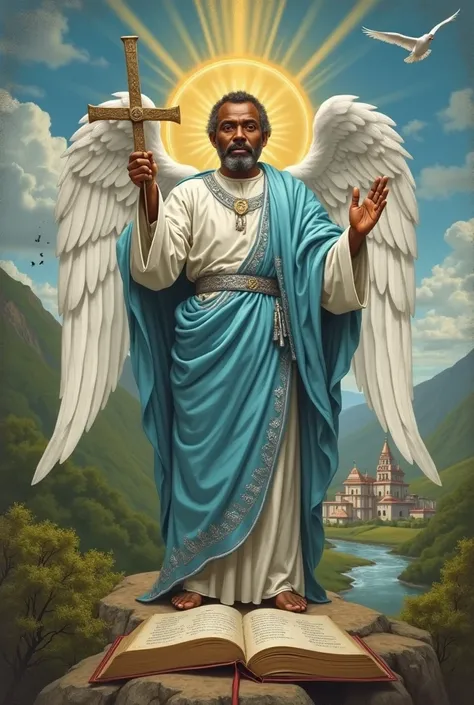 "Create a highly detailed and spiritual image of Saint Tekle Haymanot, the Ethiopian saint, dressed in traditional Ethiopian priestly attire with a soft sky-blue robe and silver accents, holding a large Ethiopian cross in his left hand and raising his righ...