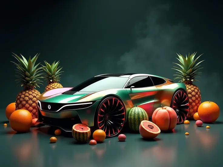 Latest generation vehicle with striking colors,black background, smoke colored green,fuchsia, orange. pineapple fruits,watermelon,, orange, Very giant peaches mixed together on the floor
