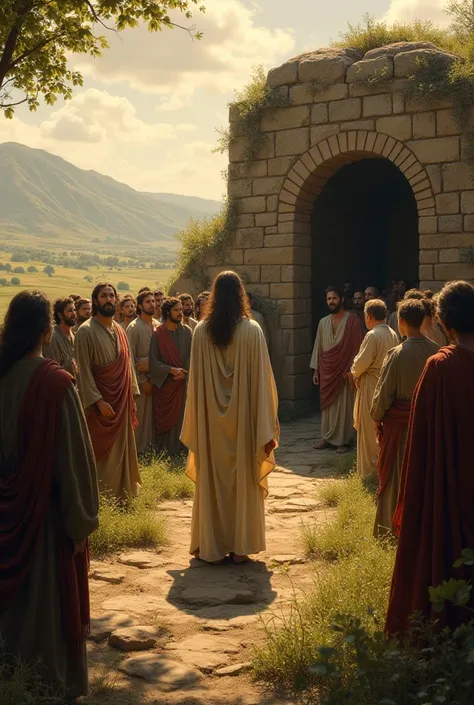 Jesus Christ looking at the tomb of Lazarus and people around him 