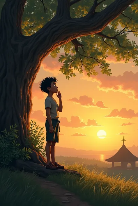 A young boy, deep in thought, standing under a large, old tree. He is gazing thoughtfully into the distance, contemplating his decision to help others. The background shows the peaceful village with a sunset glow in the sky, symbolizing the boy's new reali...