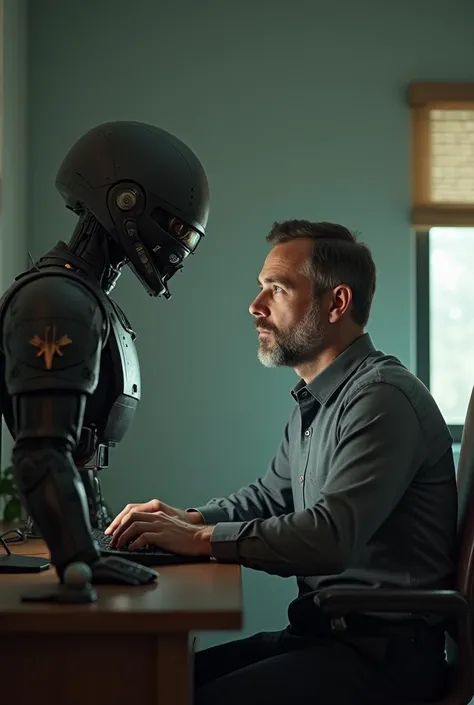 Make the person more normal and follow his computer and make the picture of Hannibal younger and look like a middle-aged man with a light beard and make the helmet taller next to the computer