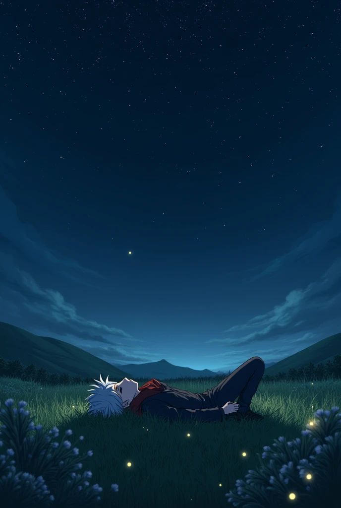 Killua from hunter x hunter lies on a meadow on a dark starry night