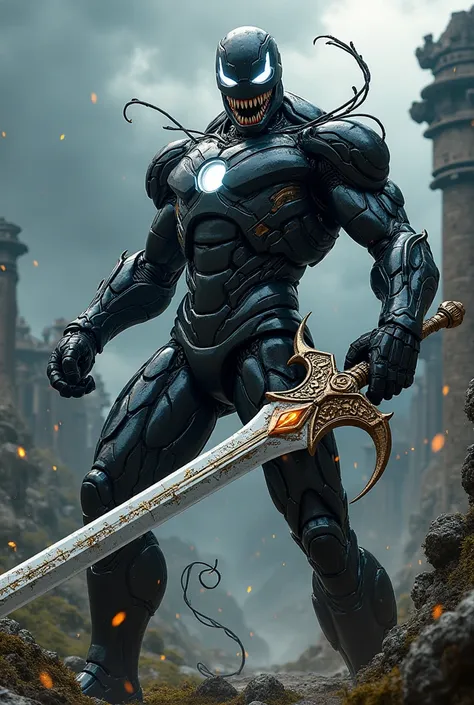 Iron Man transformed into Venom with the sword of the God of War 