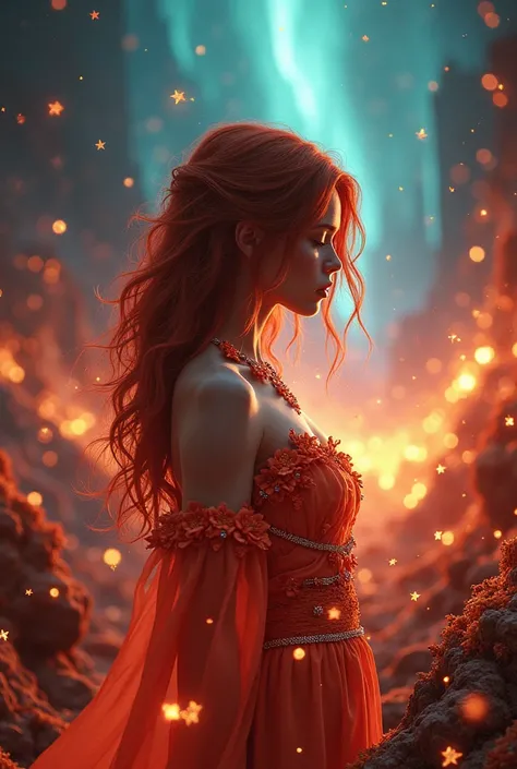 Background of a cybernetic paradise of crystal chocolates and fire with a brilliant phoenix light of an aurora borealis shower of chocolate stars and the shadow of a beautiful red-haired woman