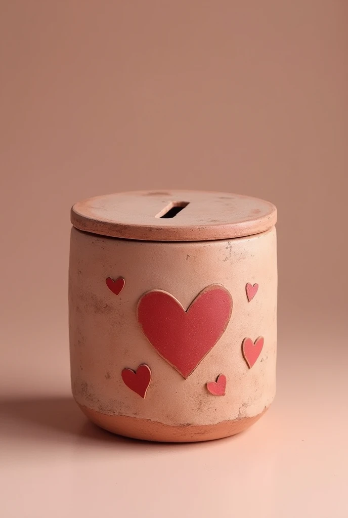 cylinder handmade clay money box with a lid and a valentine love theme
