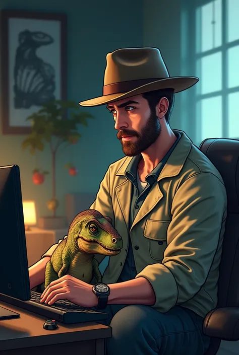  Anime-inspired poster capturing a scene of a 29-year-old Brazilian white man, Short brown hair ,  a bit bald and scraped the machine on the side, Wearing a brown Fedora hat, machine-made short beard, dressed as a paleontologist , with a baby dinosaur in h...