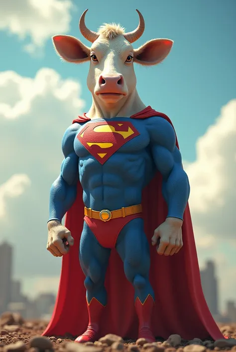 Generate the video one cow is Superman 