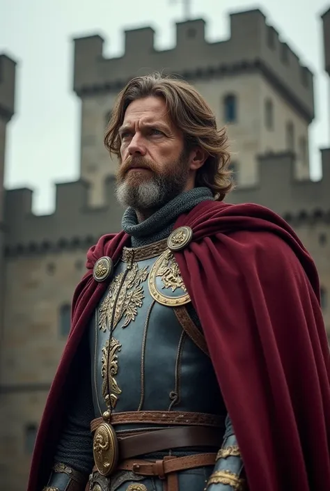 Creat one picture, rise of kindom, king of france, lord of france, middle age man, with beard, brown hair with small blonde, stand in front of the castle
I currently can't create or generate images, but I can help describe the scene vividly for you
Imagine...