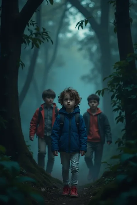 A dense, dark jungle with thick trees and mist hovering around the ground. Three young men, including a cute  with small, silky hair and light brown eyes, wearing a blue jacket, white pants, and red shoes. The boy looks cautious but curious as he walks alo...