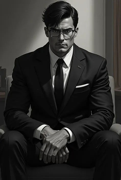 tall man,  white skin,  muscular, handsome,  sitting in a police office, Caesar style, black-eyed,  black hair, with glasses,  serious expression,  masculine features , in black suit, dark texture . Dark romance drawing 