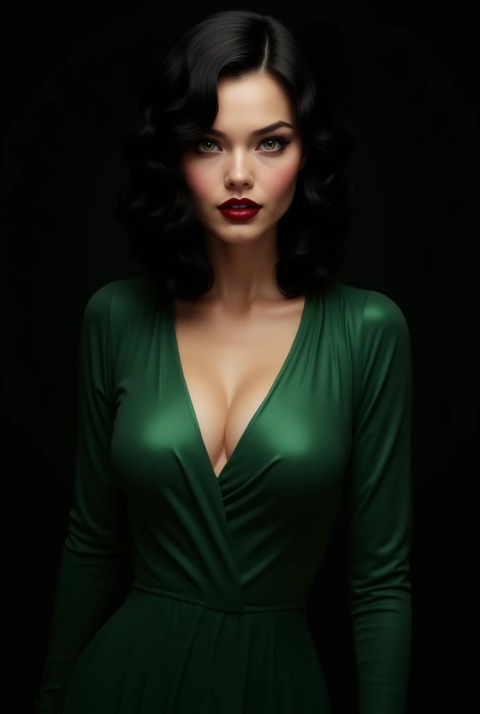 A beautiful sexy woman with black hair up to her shoulders, green-eyed, with a low-cut emerald green dress, lips with lip gloss smiling maliciously on a black background, until