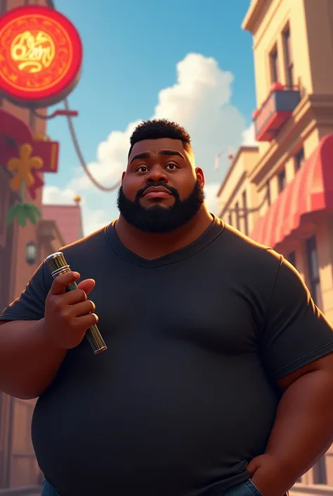 Disney Pixar poster of A plump brown boy wearing a black t-shirt with shaved black hair and a short beard smoking a vaper with the title of SUSTI CHIME